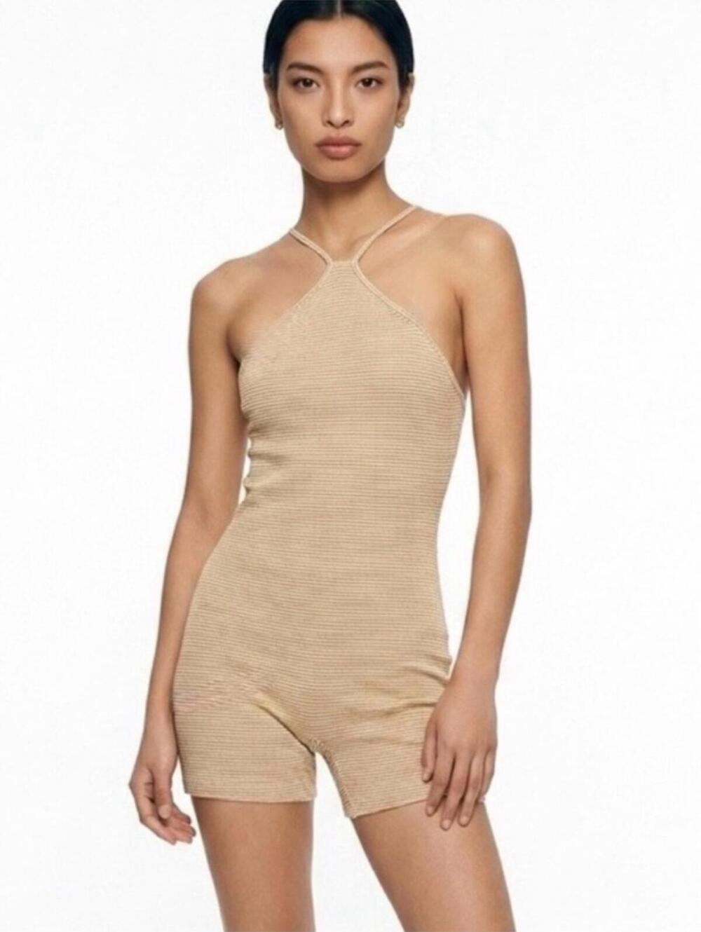 JULY SALE ZARA High Neck Halter Striped Jumpsuit